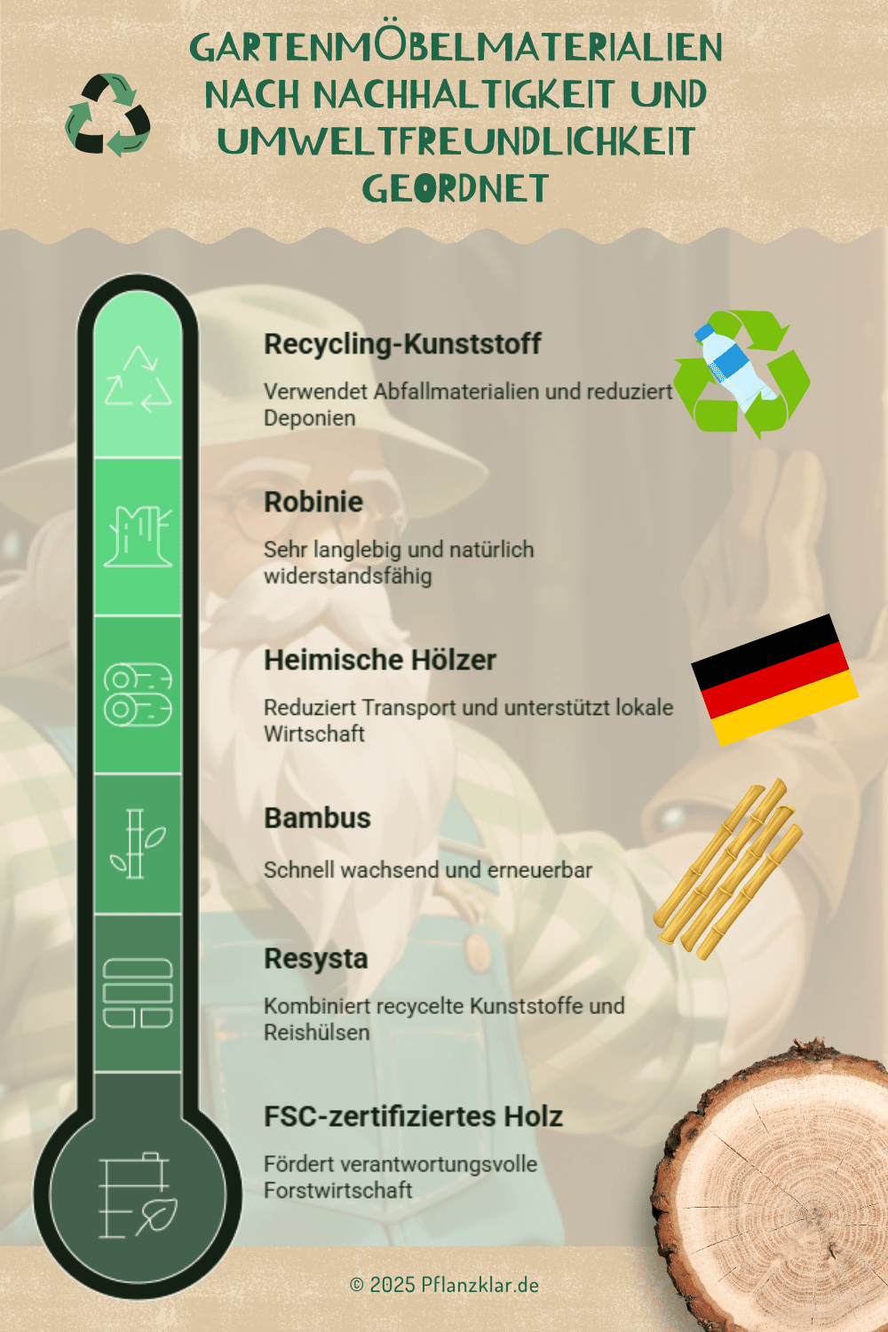 Infografik mit dem Titel „Gartenmöbelmaterialien nach Nachhaltigkeit und Umweltfreundlichkeit geordnet“. Auf der linken Seite ist eine grüne Skala mit Symbolen, die Materialien vom nachhaltigsten bis zum am wenigsten nachhaltigen einordnet.

Aufgelistete Materialien von oben nach unten:

Recycling-Kunststoff – Verwendet Abfallmaterialien und reduziert Deponien. (Symbol: Recyclingzeichen mit Flasche)

Robinie – Sehr langlebig und natürlich widerstandsfähig.

Heimische Hölzer – Reduziert Transportwege und unterstützt die lokale Wirtschaft. (Symbol: deutsche Flagge)

Bambus – Schnell wachsend und erneuerbar. (Symbol: Bambusstangen)

Resysta – Kombiniert recycelte Kunststoffe und Reishülsen.

FSC-zertifiziertes Holz – Fördert verantwortungsvolle Forstwirtschaft. (Symbol: Baumscheibe)

Im Hintergrund: Eine Illustration einer älteren Gärtner-Figur mit Bart in grüner Latzhose.
Unten: Logo von „© 2025 pflanzklar.de“